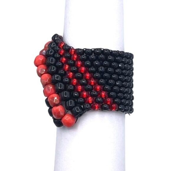 Black with Red Crystal Cellini Spiral Statement Ring Size 7 - Picture 3 of 6